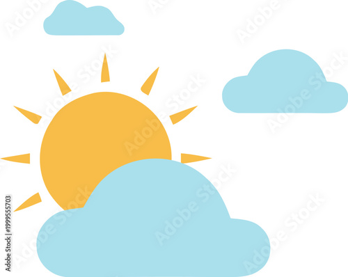 Flat style sun and clouds weather icon representing a partly cloudy day with yellow sun and light blue sky clouds