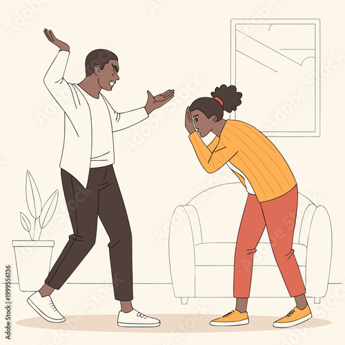 Man arguing with a crying woman in a living room