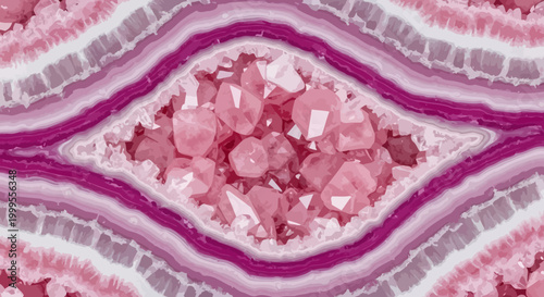 Vibrant pink crystal geode with white and purple banding patterns