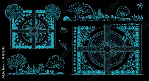 AutoCAD Landscape Garden Site Plan Vector – Ornamental Plants Cross Trees Multi View Blueprint Cyan Outline on Black Background