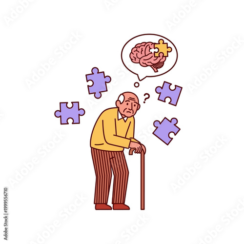 An elderly man with a cane, surrounded by puzzle pieces, with a thought bubble showing a brain with a missing puzzle piece, symbolizing memory loss and cognitive decline.
