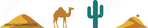 Minimalist desert landscape icon set with a camel sand dunes and a cactus plant for travel and nature graphic design