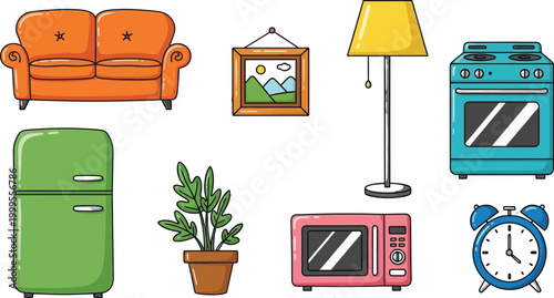 Set of colorful hand drawn household furniture and kitchen appliances isolated on white background for interior design projects