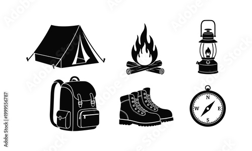 Camping travel essentials outdoor adventure gear silhouette line art vector collection.