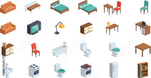Set of isometric furniture icons for interior design projects featuring living room bedroom kitchen and bathroom home equipment elements