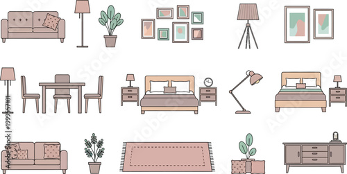 Set of modern interior furniture icons featuring sofas beds dining tables lamps and decorative plants in flat vector illustration style
