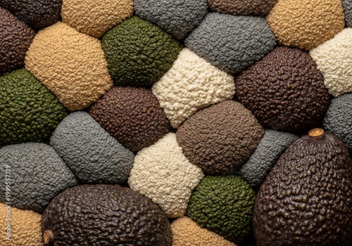 Abstract background of colorful textured stones and geometric mosaic shapes in earth tones