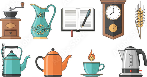 Set of vintage and modern household objects including kitchenware stationery and decorative items in a flat vector illustration style