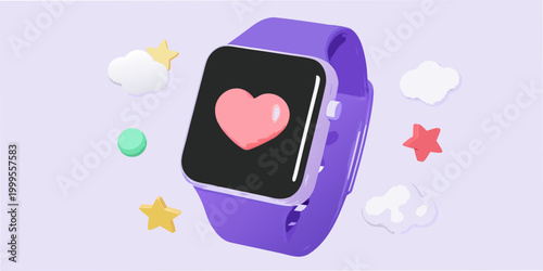 Purple smartwatch with heart rate display and floating icons
