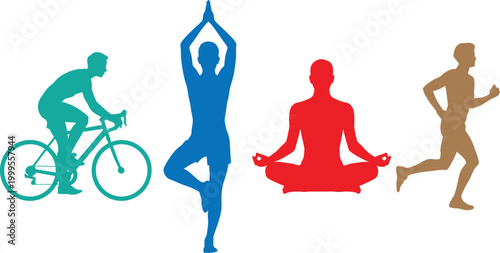 Silhouettes of four diverse individuals engaged in various healthy lifestyle activities including cycling yoga and running isolated on transparent background vector design
