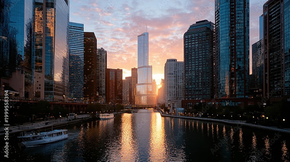 Obraz premium Chicago River sunset glow