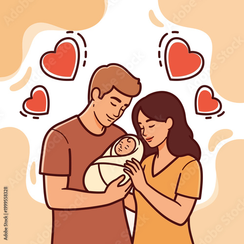 Happy parents lovingly holding their newborn baby with hearts floating around them, symbolizing family love and new life.