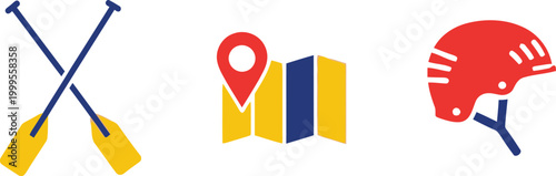 Set of flat icons for rafting adventure featuring paddles a map with a location pin and a protective safety sports helmet