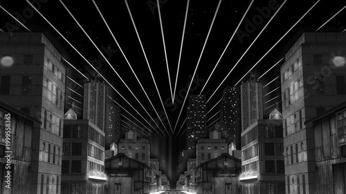 Monochrome cyber city with glowing laser sky seamless VJ loop visual