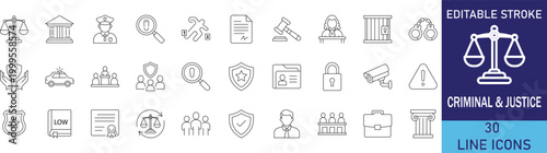 Law and justice line icon set. Vector symbols for criminal investigation, court trial, legal services, police protection, and prison system.
