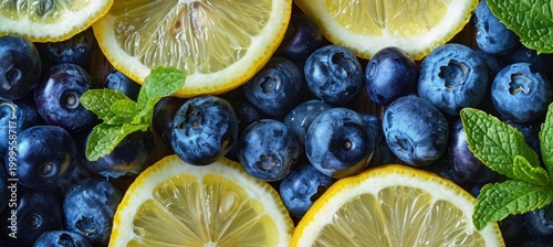 Close up of blueberries, lemon slices and mint leaves.