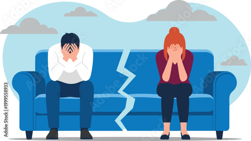 Couple in Conflict Sitting on Couch with Emotional Strain and Broken Relationship Illustration for Digital Media