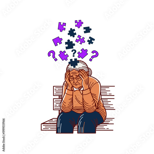 Elderly woman sitting on a bench with puzzle pieces and question marks floating above her head, symbolizing memory loss and confusion.