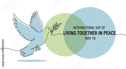 Peaceful dove with overlapping circles and text living together in peace