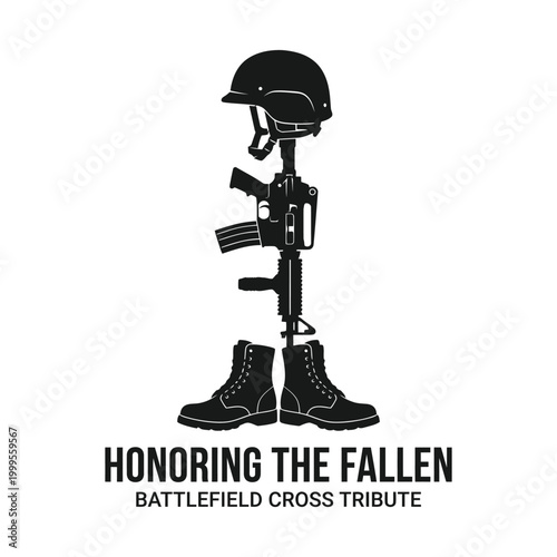 Honoring the fallen battlefield cross tribute with helmet and boots isolated on white background