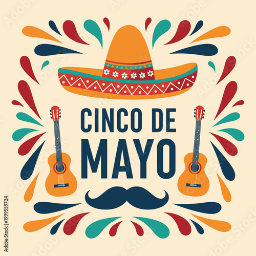Cinco de mayo celebration traditional mexican hat guitars and mustache