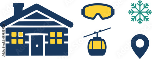 Set of winter vacation icons featuring a wooden cabin, ski goggles, a cable car, a snowflake, and a location pin marker