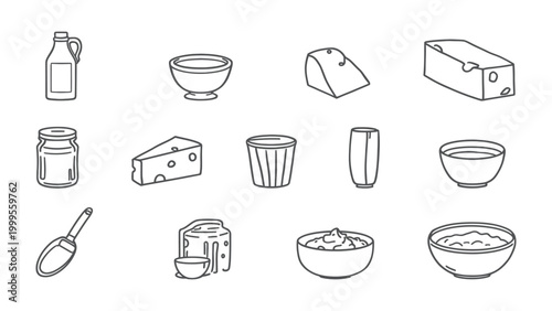 Quadro em tela Dairy Delights: A collection of meticulously crafted line art illustrations showcases a variety of dairy products, emphasizing the essential elements of the food industry