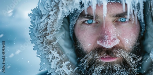 Portrait of an arctic explorer with icicles hanging from his beard and hood.