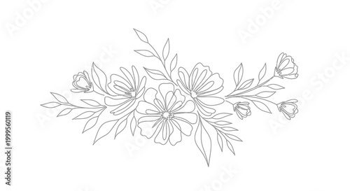 Elegant floral line art, delicate flowers and leaves arrangement, hand-drawn sketch, simple beauty.