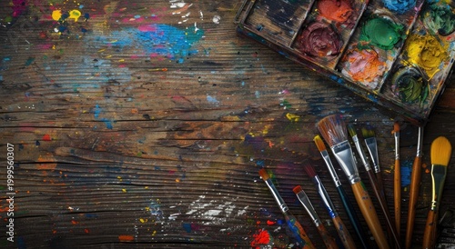 Colorful paintbrushes and palette on a wooden table with colorful paints in a top view.