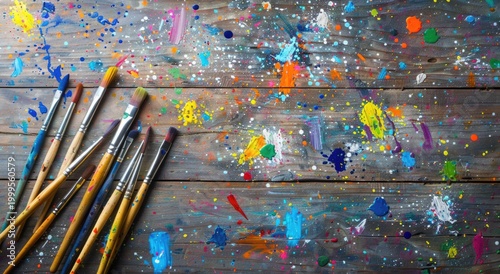 Colorful paintbrushes on a wooden table with scattered colorful paints and splashes of color in a top view.