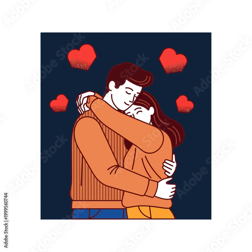 A loving couple embracing each other warmly with hearts floating around them.