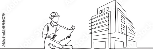 Architect with blueprints and building in continuous line art