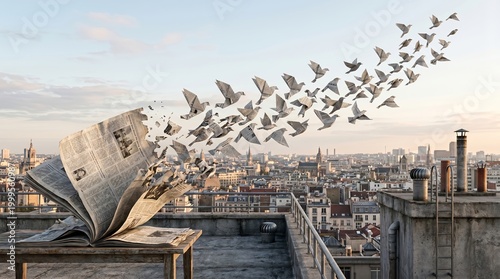 Media transformation concept, newspapers turning into birds flying above city rooftop