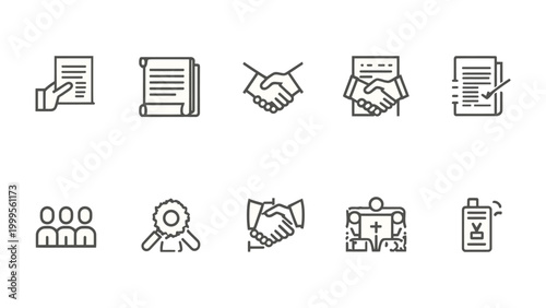 Contract Icons for Business Agreement: A collection of meticulously crafted, minimalistic contract icons that visually narrate the essentials of business agreements.