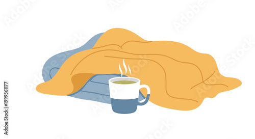 A vector graphic illustration of a steaming cup of coffee under a blanket