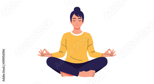 A serene woman meditates in a peaceful lotus position on a white background