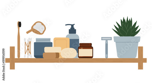 A minimalist vector graphic of bathroom essentials on a wooden shelf