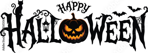 Happy halloween greeting with jackolantern, cat, bats, and spider web on white background