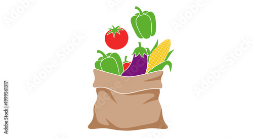 A colorful vector graphic illustration of a burlap sack filled with fresh vegetables