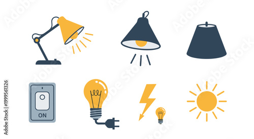 A set of vector icons representing various light sources and electrical symbols