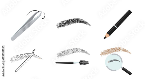 A vector graphic illustration of various eyebrow grooming tools on a black background