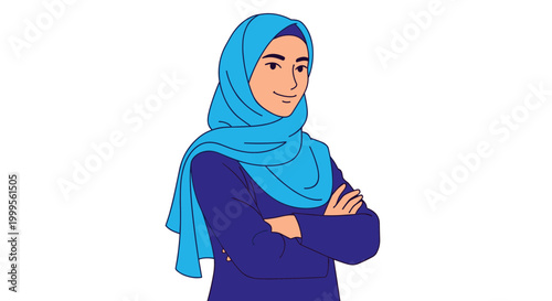 A confident woman wearing a blue hijab and a long-sleeved shirt standing with her arms crossed