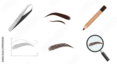 A vector graphic illustration of various eyebrow design and grooming tools