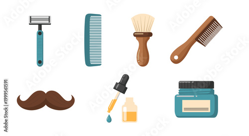 A set of vector graphic icons for men's grooming and shaving tools