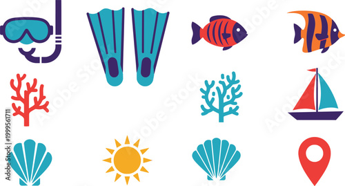 Set of colorful summer vacation and snorkeling icons with fish coral shells boat and swimming gear for beach holiday design