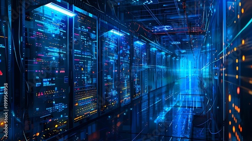 Futuristic Neon Library: Digital Data, Cybersecurity, and Technology in a Vibrant Sci-Fi Landscape