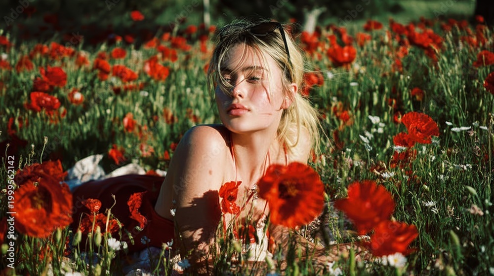 Naklejka premium Blonde model in poppy field