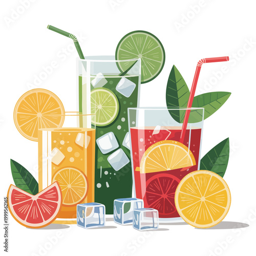 Three refreshing fruit cocktails with ice cubes and citrus slices including lime orange and grapefruit in transparent glasses isolated on white background for summer drink menu.