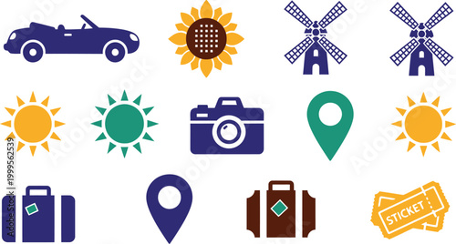 Set of colorful travel and vacation icons including car sunflower windmill camera location pin luggage and tickets